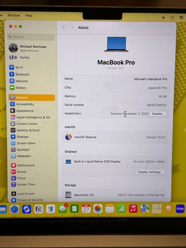 MacBook Pro (M1 Pro) APPLECARE+ to Dec-2026! 1TB SSD!