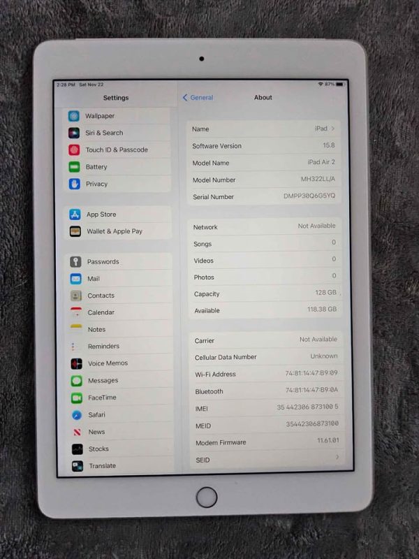 APPLE IPAD AIR 2 128GB PERFECT CONDITION WIFI AND CARRIER UNLOCKED/ YA ESTA LIBERADA