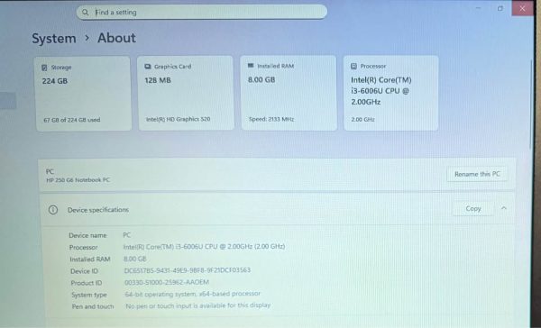 HP 250 G6 Laptop 15.6 inch with Intel i3 6006U, 240GB SSD, 8GB RAM, Windows 11 Pro