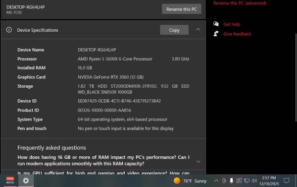 High-Performance Gaming PC – Ryzen 5 3600X, RTX 3060 12GB, 16GB RAM, 1TB NVMe + 2TB HDD, HYTE Y60 Ca